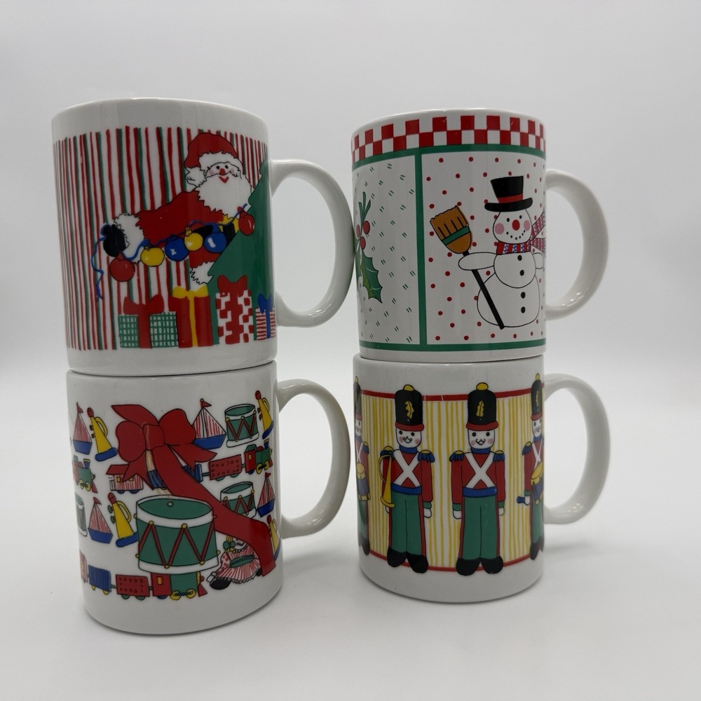 Set 4 Vintage 80s 90s Christmas Coffee Mug Cup White Ceramic Santa Frosty Toy
